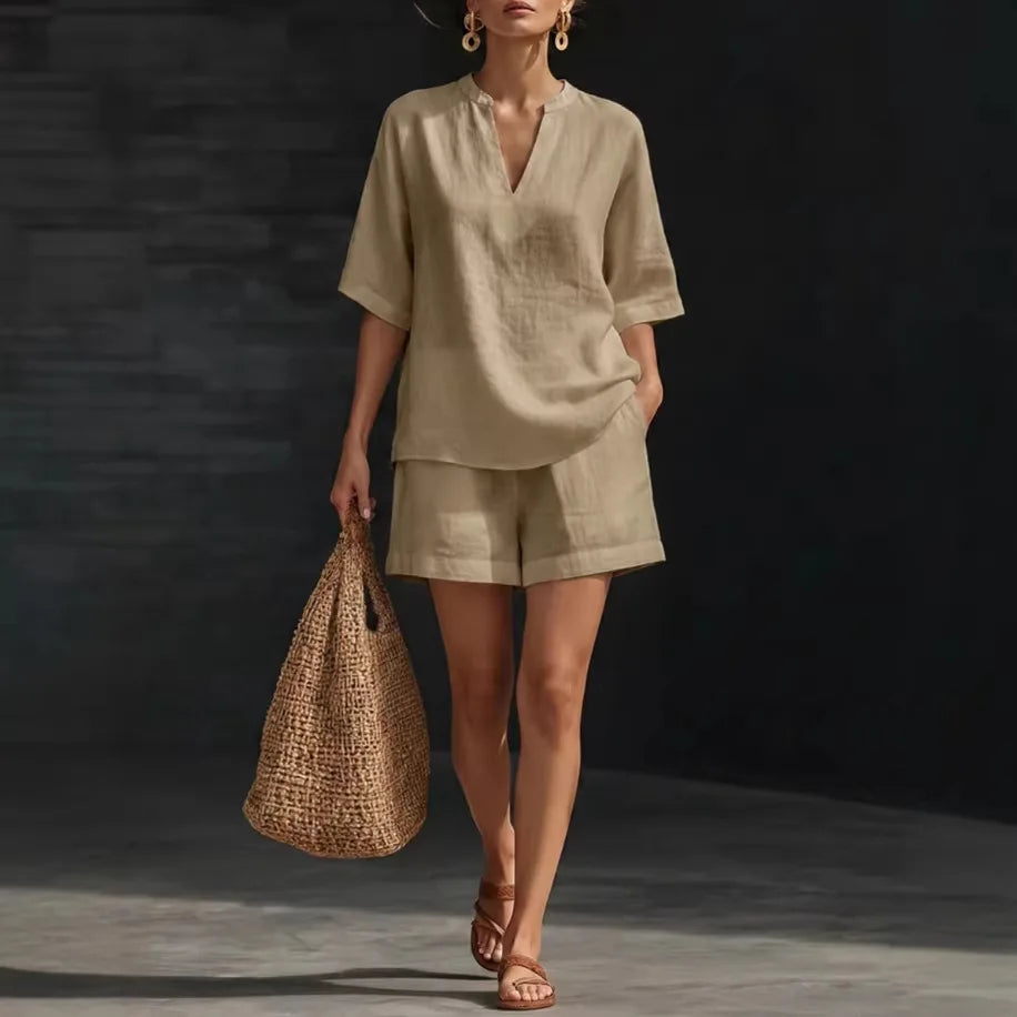 Women’s Cotton Linen Two Piece Set - Casual Spring Summer Drawstring Blouse & Ruffle Shorts Outfit