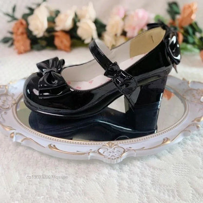 2024 Lolita Style Round Toe Mary Jane Pumps – Cute Bow Midi Heels for Women, Sweet Party PU Shoes