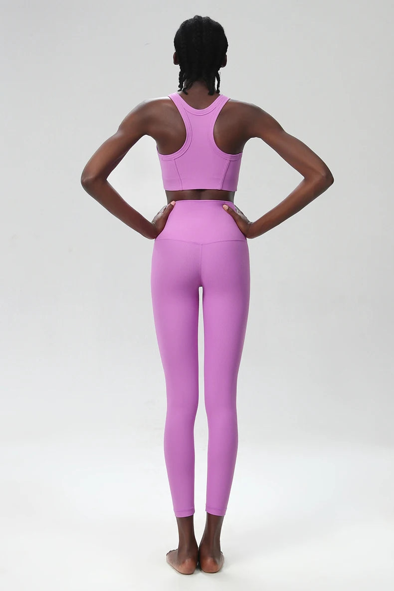 3PCS Women’s Fitness Yoga Set – Solid Color Ribbed Long Sleeve Top & High Waist Leggings, Breathable Workout Sportswear