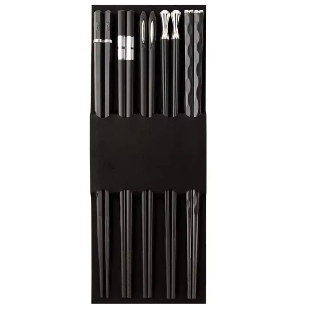 5 Pairs Japanese Reusable Chopsticks – Black Sushi Sticks for Food, Noodles, Alloy Chinese & Korean Kitchen Tableware