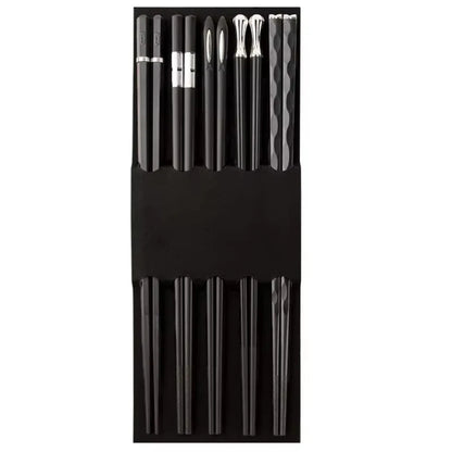 5 Pairs Japanese Reusable Chopsticks – Black Sushi Sticks for Food, Noodles, Alloy Chinese & Korean Kitchen Tableware
