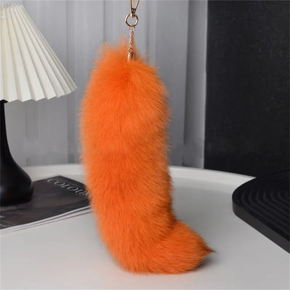 Natural Fox Fur Tail Keychain – 40cm Furry Racoon Bag Charm & Fluffy Keyring Accessory for Women