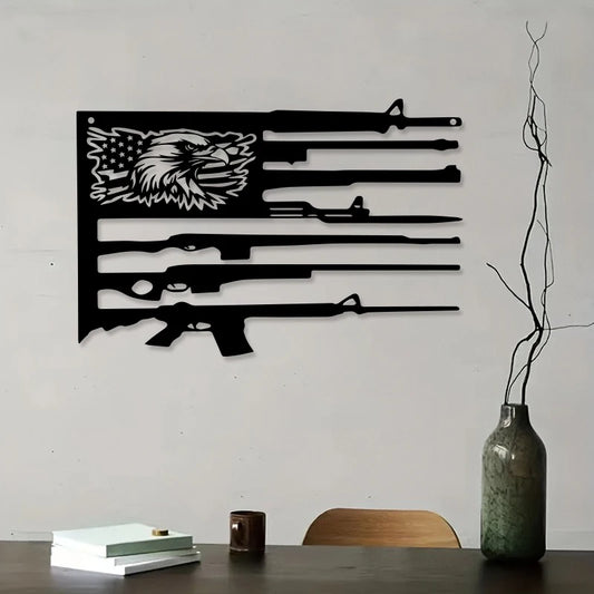 Patriotic Eagle Flag Metal Wall Art - American Gun Theme Sculpture Decor for Home and Gun Enthusiast Spaces
