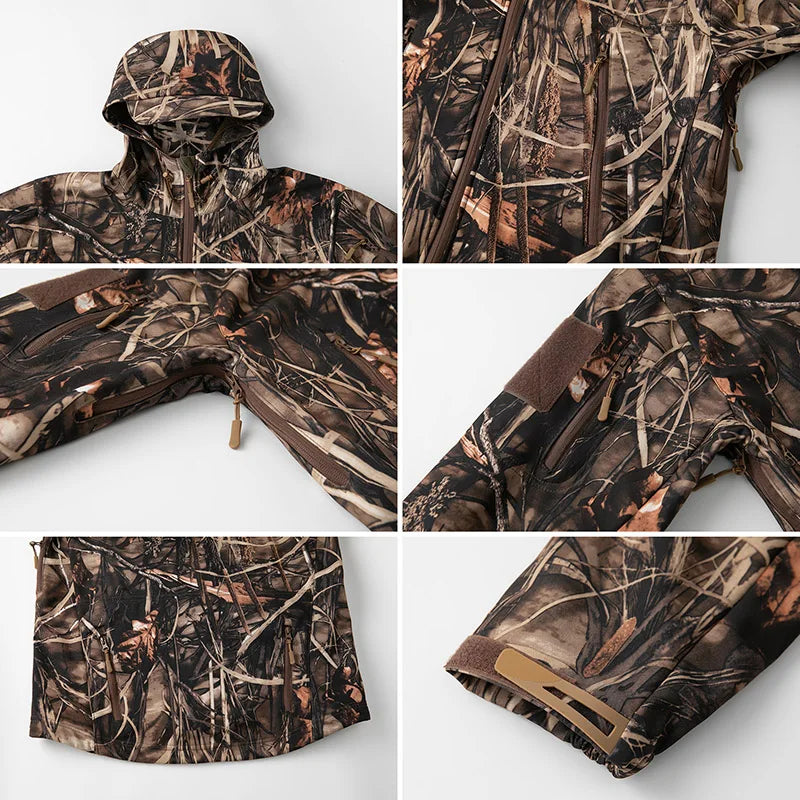 Men’s Silent Soft Shell Tactical Jacket | Waterproof, Warm Fleece Camouflage Hunting & Outdoor Hooded Coat