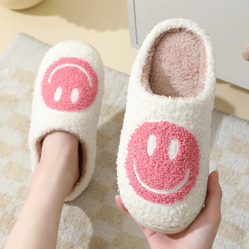 Smiling Face Furry Cotton Slippers for Couples - Women's Thick-Soled Cartoon Anti-Slip Indoor Slippers for Autumn/Winter