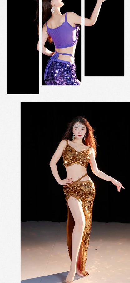 2-Piece Belly Dance Costume Set for Women – Sexy Sequin Top & Skirt Outfit for Stage Performance & Training