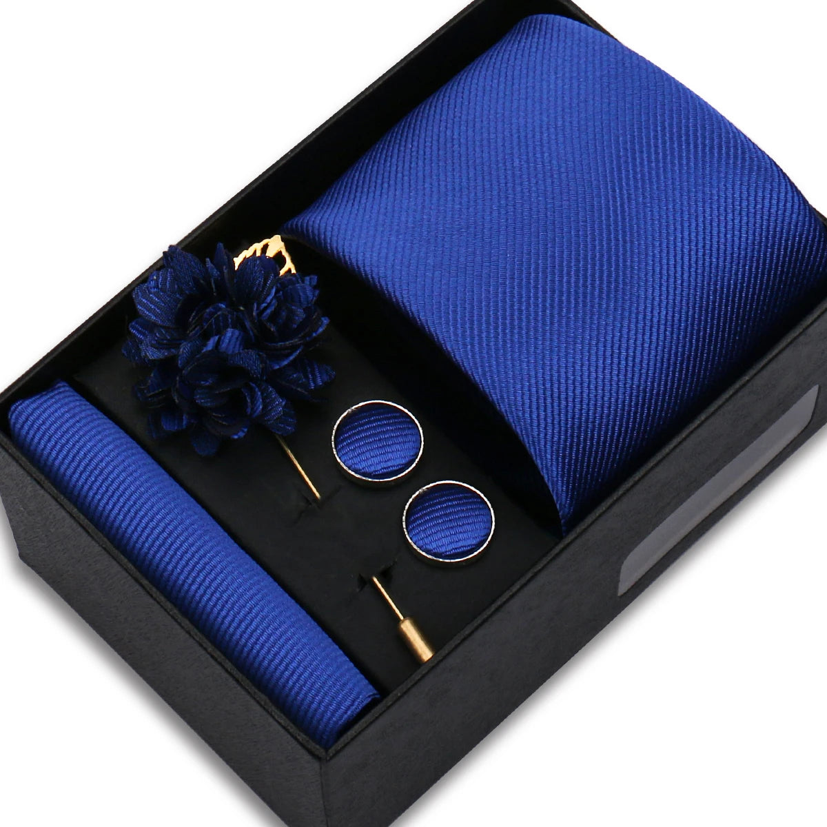 Men's Solid Color Tie Set - Jacquard Necktie, Hanky, Cufflinks & Brooch Gift Box for Weddings