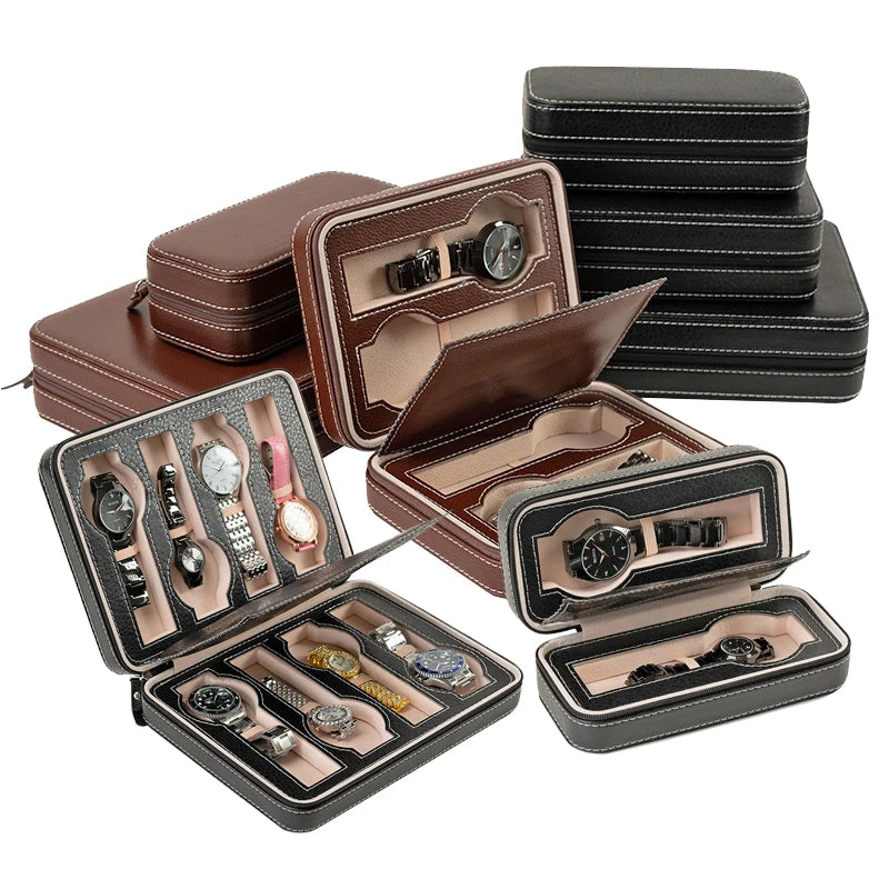 Portable Watch Storage Box Organizer - 6/10/12 Grid Zipper Display Case for Watches & Accessories