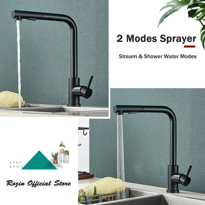 Black Flexible Pull-Out Kitchen Faucet - Stainless Steel 2-Mode Nozzle, 360° Rotating Hot & Cold Water Sink Mixer Tap