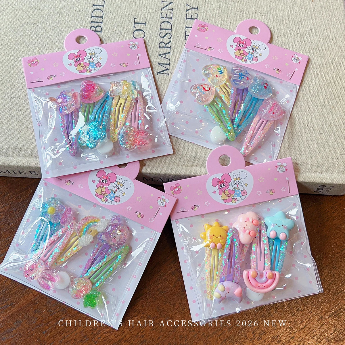5-Piece Glitter Cartoon Hair Clip Set - Cute Sequin Star and Rabbit BB Clips for Baby Girls and Toddlers