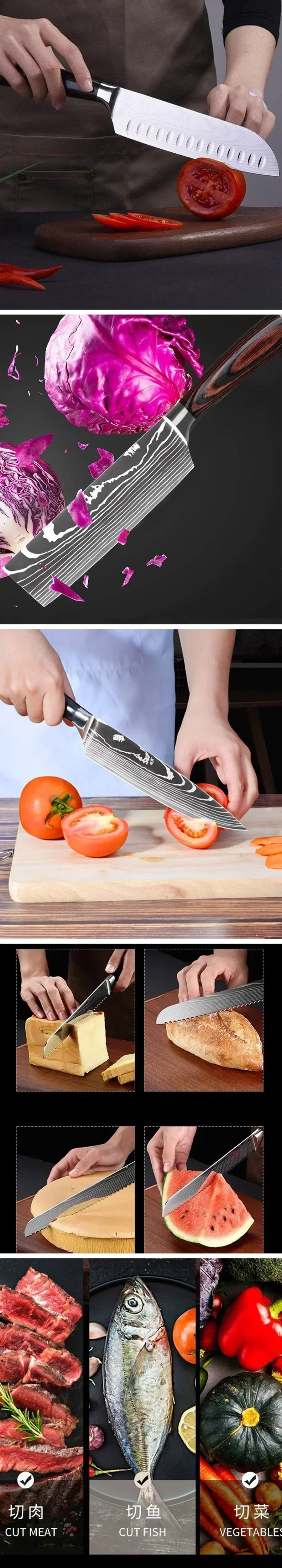 Laser Damascus Kitchen Knife Set – Cleaver, Meat, Fruit, Bread, Boning Knife and Chicken Scissors for Barbecue and Home Cooking