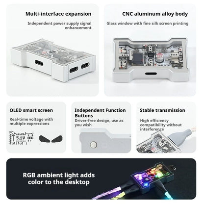 HMLAB HUB Lite Gaming USB Hub - 2-to-3 Port Extender with 8KHz High-Speed Support, OLED Display, and Button Control