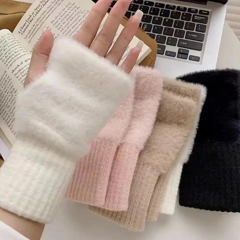 New Mink Fleece Half Finger Gloves for Women - Soft Winter Warmth | Luxury Solid Color Plush Knitted Fingerless Gloves