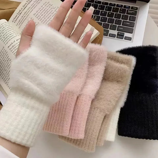 New Mink Fleece Half Finger Gloves for Women - Soft Winter Warmth | Luxury Solid Color Plush Knitted Fingerless Gloves