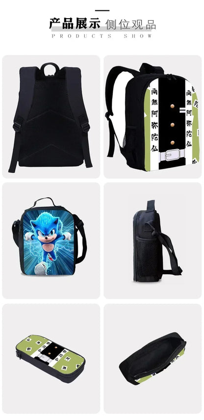 3PC Cartoon School Bag Set – Sonic Lunch Bag, Pencil Case & Backpack for Primary & Middle School Students