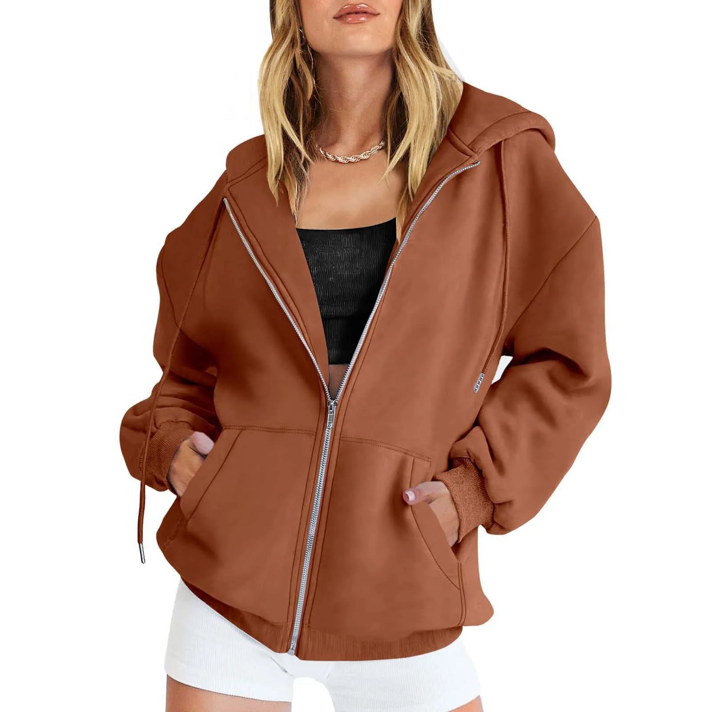 Women’s Gray Zip-Up Hoodie Sweatshirt – Autumn Winter Long Sleeve Jacket with Pockets