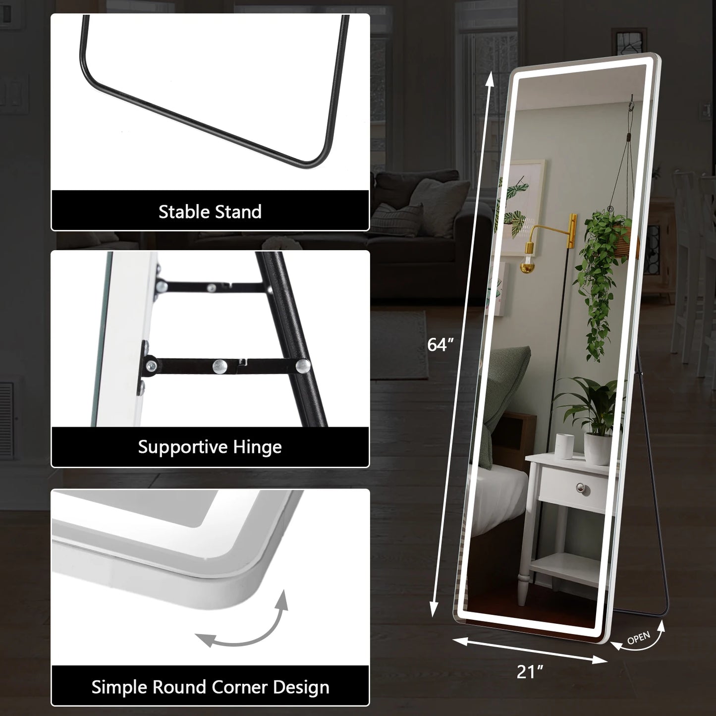 LED Full-Length Mirror – 64"x21" Standing or Wall-Mounted with Aluminum Alloy Frame for Living Room