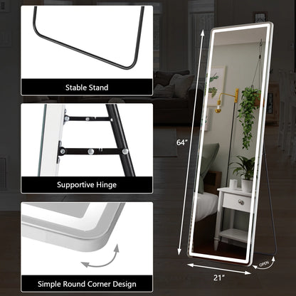 LED Full-Length Mirror – 64"x21" Standing or Wall-Mounted with Aluminum Alloy Frame for Living Room