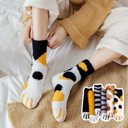 Women's Winter Warm Fluffy Socks - Cute Animal Claw and Cat Paw Prints, Thick Coral Fleece Home and Sleep Socks
