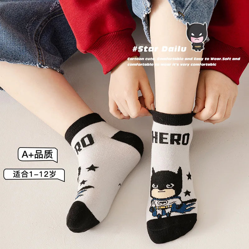 5 Pairs Spiderman Cotton Socks for Kids – Iron Man, Hulk, Thor Anime Boys Short Socks, Cartoon Baby Spring & Summer Footwear