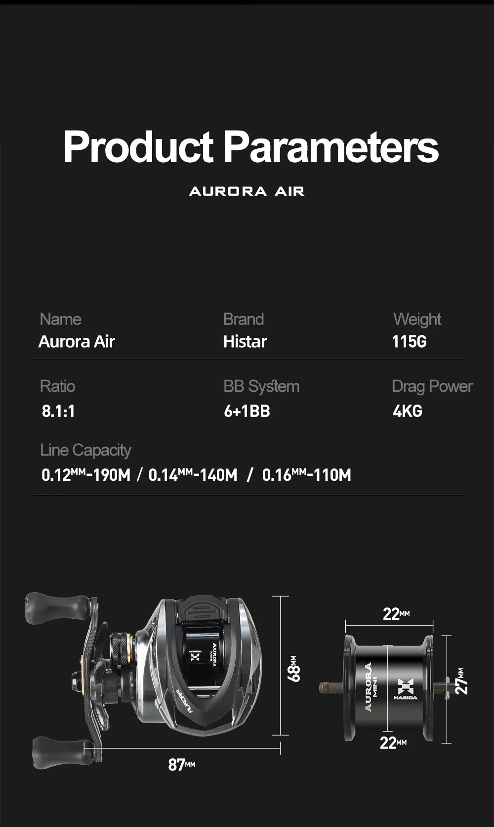 Histar Aurora AIR BFS Baitcasting Reel – Light Lure AT7 Aluminum Spool, 115G UL, 3D Dynamic Magnetic Braking System