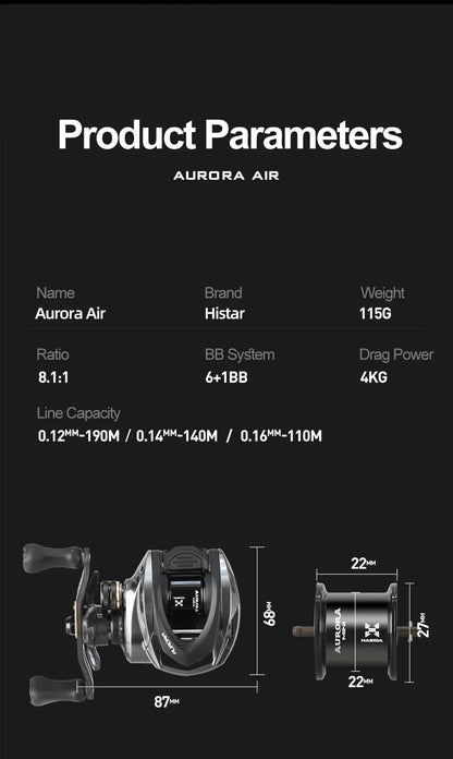 Histar Aurora AIR BFS Baitcasting Reel – Light Lure AT7 Aluminum Spool, 115G UL, 3D Dynamic Magnetic Braking System
