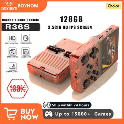 128GB Open Source R36S Video Game Console – Linux System, 3.5 Inch IPS Screen, Orange Portable Pocket Player, 64GB of Best Games