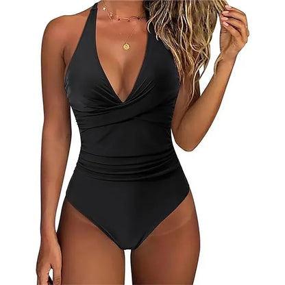 Women’s Wrinkled Halter V-Neck One-Piece Swimsuit – Backless Monokini Bathing Suit, Swim Beachwear Bodysuit S-XXL