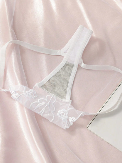 2PCS Lace Thong Underwear Set - Sexy Ladies Black & White Floral Embroidered Panties for Women