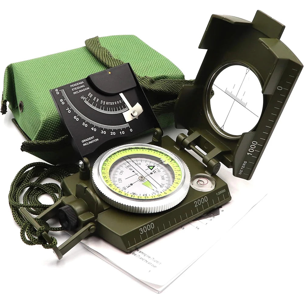 Multifunctional High-Precision Military Compass — Waterproof Metal Outdoor Survival Camping Compass with Fluorescent & Geological Features