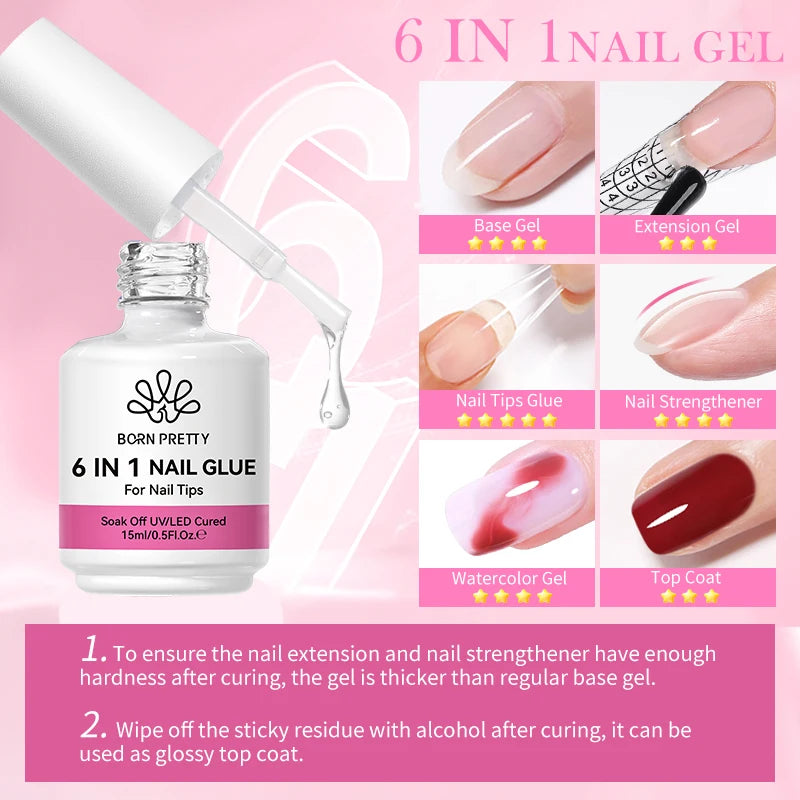 BORN PRETTY 6-in-1 Nail Glue Gel - 15ML Soak-Off Base & Top Coat for Acrylic Extensions
