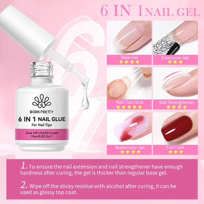 BORN PRETTY 6-in-1 Nail Glue Gel - 15ML Soak-Off Base & Top Coat for Acrylic Extensions