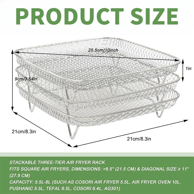 3-Layer Stackable Air Fryer Rack – 304 Stainless Steel Grilling & Steaming Rack for Oven & Cooking Tools