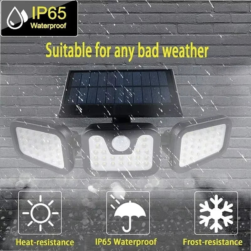 Outdoor Solar LED Motion Sensor Wall Light, Adjustable 3-Head Human Body Sensing Lamp, IP65 Waterproof Garden Security Light