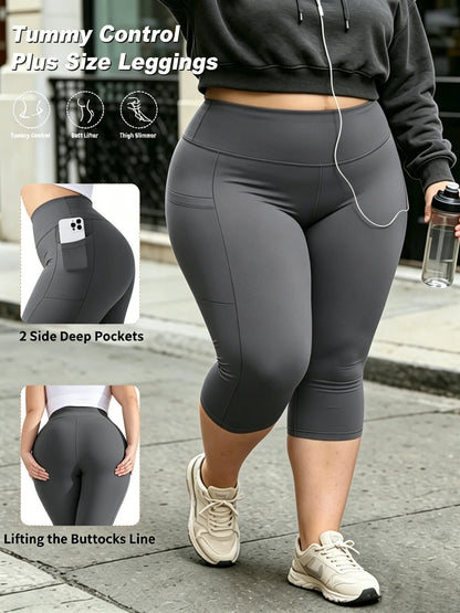 Women's Plus Size Capri Leggings - High-Waist Tummy Control Stretch Yoga Pants with Pockets