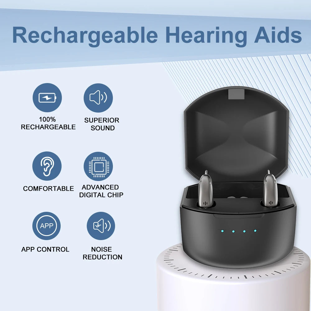 Rechargeable Digital BTE Hearing Aid - Adjustable Volume Portable Hearing Amplifier for Seniors & Adults