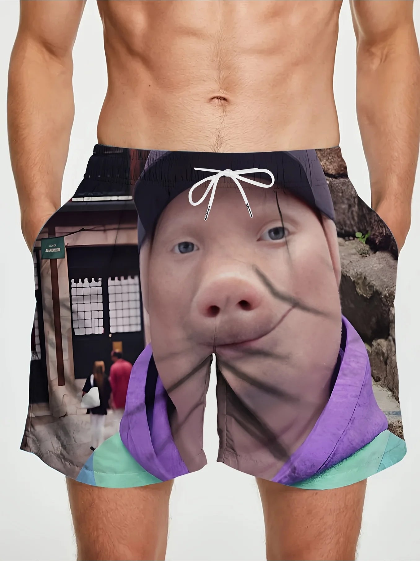 Cartoon Pig Print Swim Shorts – Adjustable Drawstring Waist with Pockets, Lightweight Summer Pool & Ocean Wear