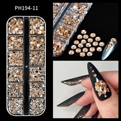 12-Grid 3D Glass AB Crystal Nail Art Rhinestones Kit – Flatback Round Beads with Tools for Nail Jewelry & Diamond Decoration