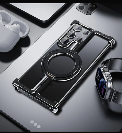 Magnetic Metal Phone Case for Samsung Galaxy S24/S23 Ultra – Aluminum Alloy Frameless Bumper with Finger Ring