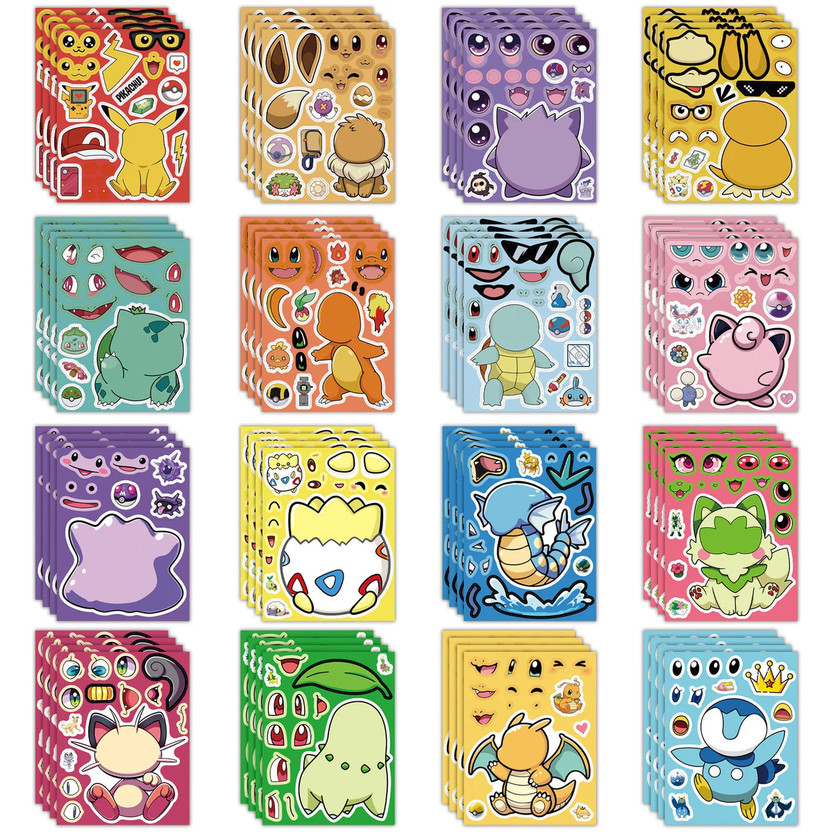 16-Sheet Pokémon Make-a-Face Puzzle Stickers - Pikachu & Charizard DIY Cartoon Matching Game for Kids
