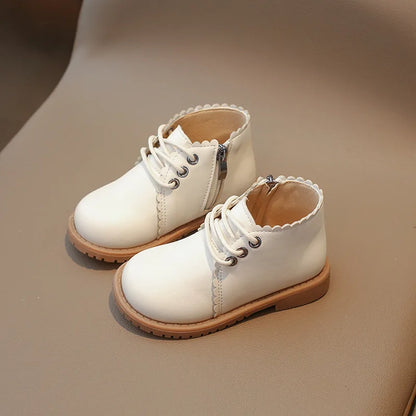 Girls’ Leather Ankle Boots 2024 — Spring & Autumn Lace-Up Side Zipper Rubber Boots, Sizes 21-30