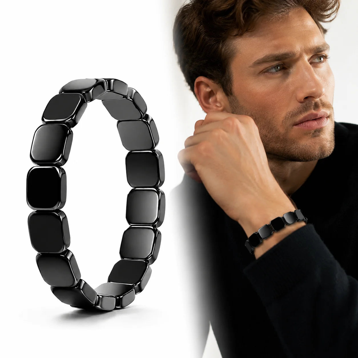 Natural Obsidian Half Moon Bracelet - Irregular Black Stone Beads Men's Fashion Accessory