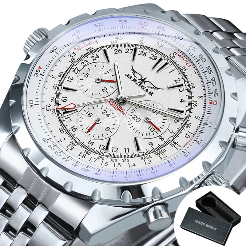 JARAGAR Pilot Mechanical Watch for Men – Multifunctional Small Dials, Leather & Steel Strap, Sports Military Automatic Watch