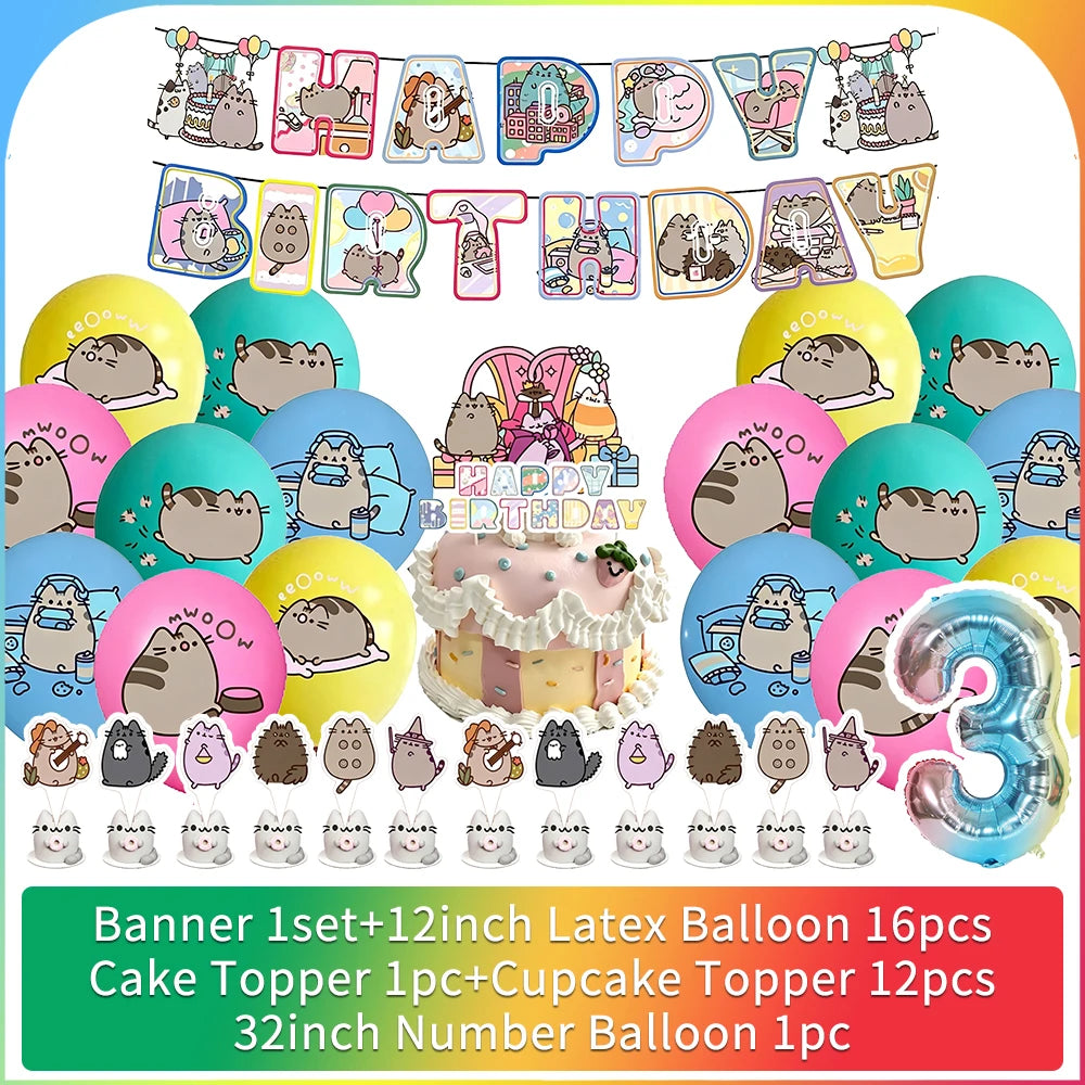 Cute Cat Birthday Party Decorations - Kawaii Balloon Set, Cake Toppers, Bunting Banner, and Party Backdrop Supplies
