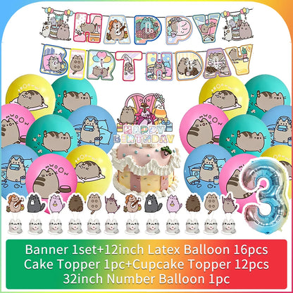 Cute Cat Birthday Party Decorations - Kawaii Balloon Set, Cake Toppers, Bunting Banner, and Party Backdrop Supplies