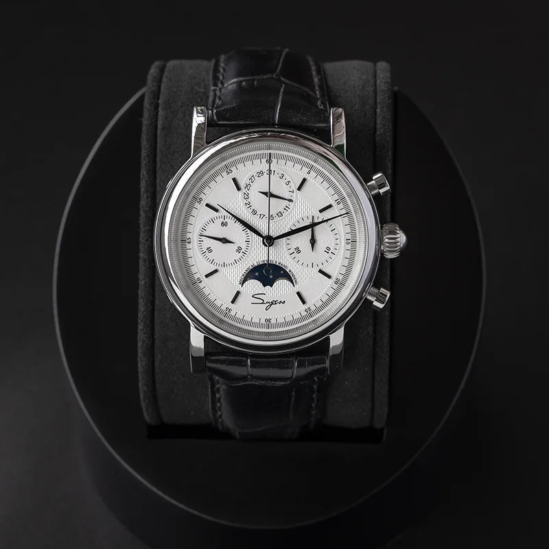 Sugess ST1908 Mechanical Chronograph Watch for Men – Swan Neck Movement, Moonphase Calendar, Vintage Leather Strap, 2023 Model