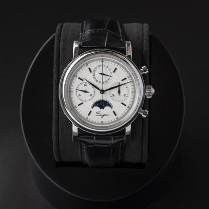 Sugess ST1908 Mechanical Chronograph Watch for Men – Swan Neck Movement, Moonphase Calendar, Vintage Leather Strap, 2023 Model