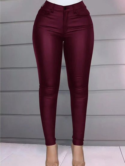 Women’s Trendy High Waist PU Leather Skinny Pants – Stretchy Thermal Lined Cropped Winter Trousers with Slant Pockets