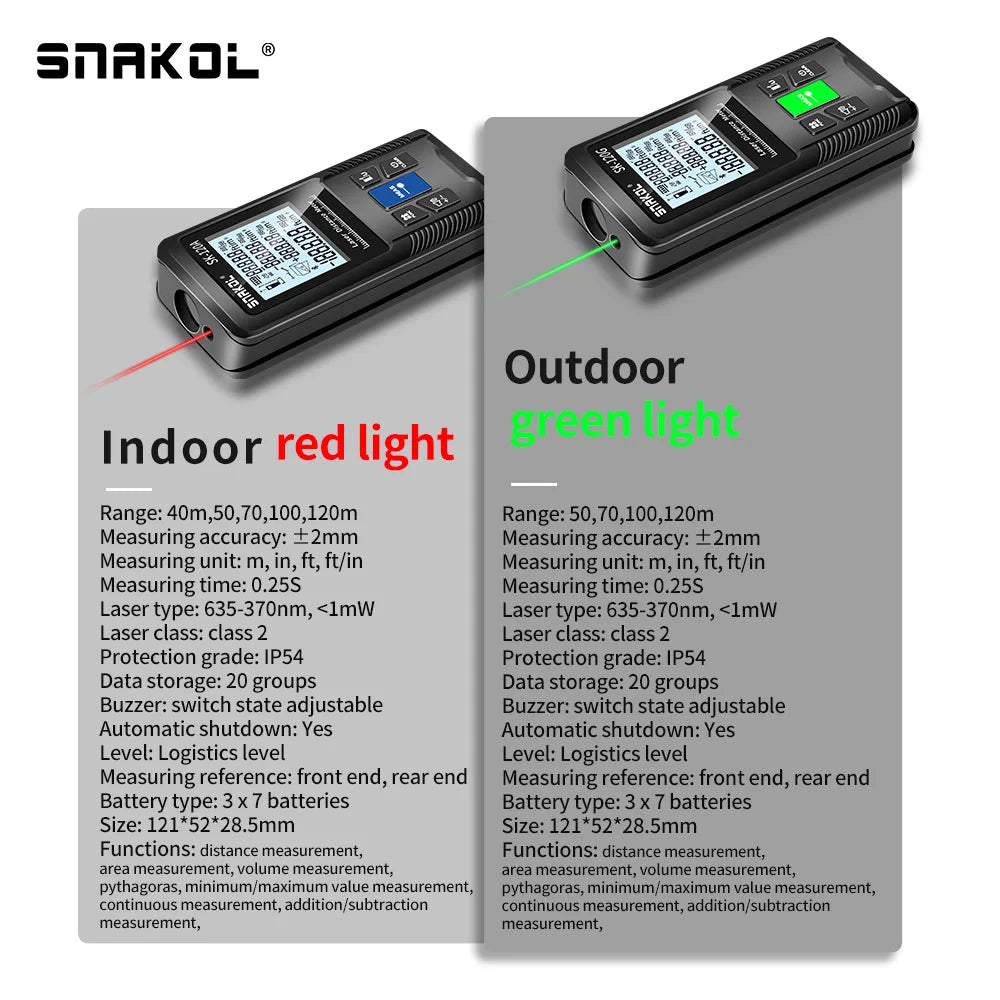Snakol Laser Tape Measure 120M - Green Laser Distance Meter, High Accuracy Roulette with Multiple Measurement Functions, Electronic Ruler