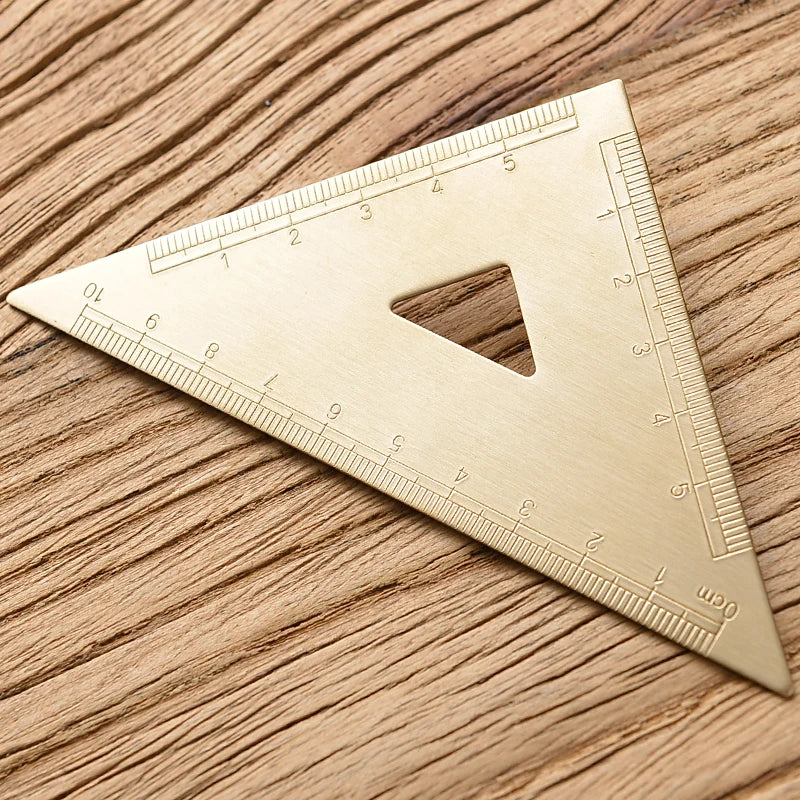 Retro Brass Metal Ruler Set - Centimeter and Inch Straight Rulers, Triangle Ruler, and Protractor for School and Office Use